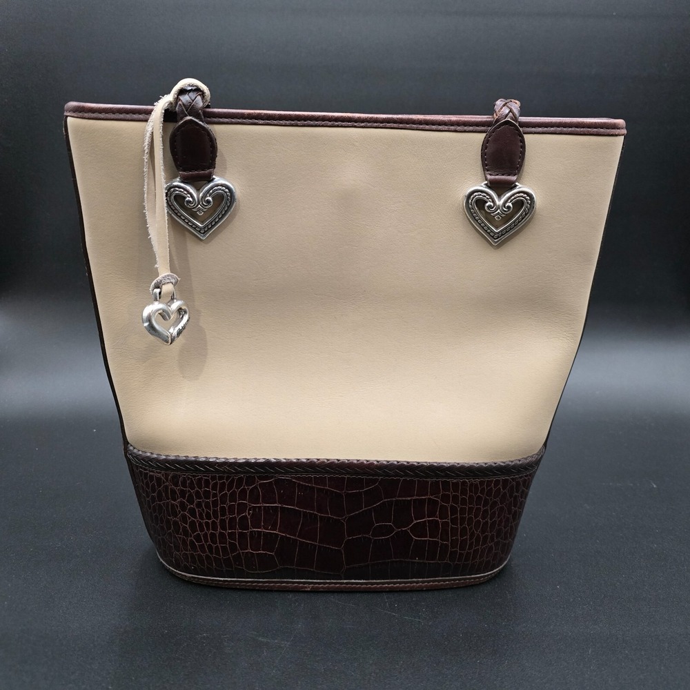 Brighton 1990s Bucket Bag Purse Handbag Vintage Creme Brown Pebbled Leather